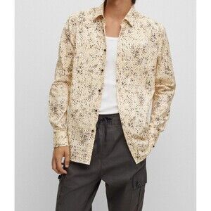 HUGO BOSS Shirt Mens 15.5 39 Tan Spotted Button Up Extra Slim Fit ELISHA $138
